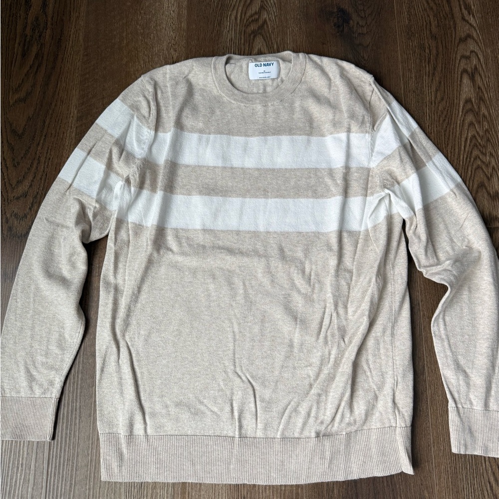 Old Navy Men’s Cream and White Striped Crewneck Sweater